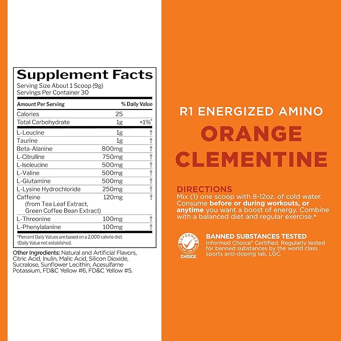 Rule 1 Energized Amino – Anytime Energy and Recovery Support with BCAAs, Glutamine, Citrulline, Beta Alanine, and Caffeine from Green Coffee & Tea Leaf Extracts (30 Servings, Orange Clementine)