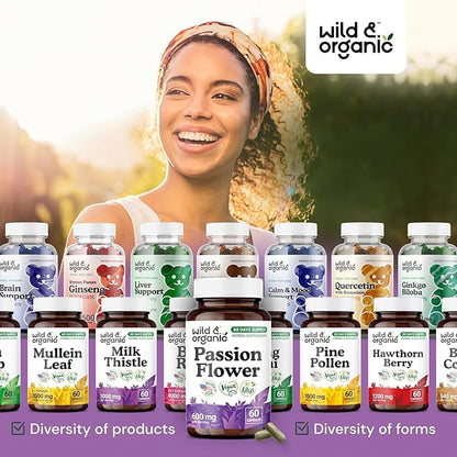 Wild & Organic Passion Flower Capsules 600 mg - Relaxation & Mood Support - Passionflower Extract Supplement - Passiflora Incarnata Herb - Vegan, No Fillers, Non-GMO - 60 Count