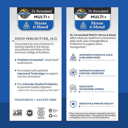 Garden of Life Dr. Formulated Multi+ Stress & Mood, Fermented Liposomal Multivitamin + Ashwagandha, B Vitamins & Probiotics - 60 Capsules, Whole Food Vitamin & Mineral Supplement