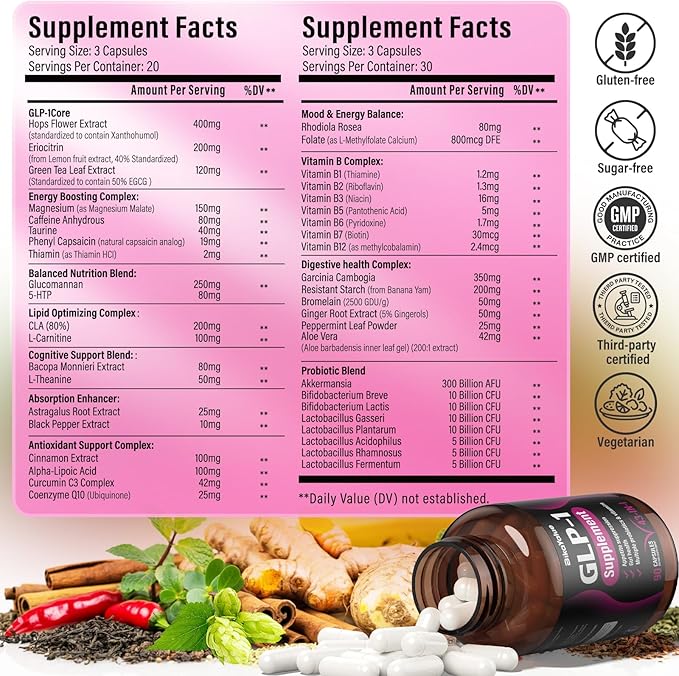 GLP-1 Alternative Supplement, Natural Extracts with Hops, Green Tea Extract, Garcinia Cambogia, Multivitamins, Probiotics, for Gut, GLP-1 Activate & Overall Health - 010