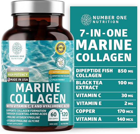 Premium Marine Collagen Dipeptides with Hyaluronic Acid, Vitamin C, Theaflavin and Copper, Collagen Supplement for Women and Men for Radiant Skin, Hair & Nails, Gluten Free and Non-GMO, 120 Veg Caps