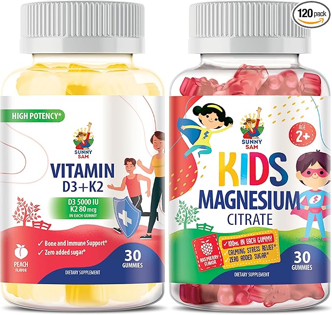 SUNNY SAM Magnesium Gummies for Kids and Vitamin D3 K2 Gummies 5000 IU.