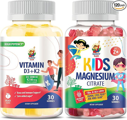 SUNNY SAM Magnesium Gummies for Kids and Vitamin D3 K2 Gummies 5000 IU.