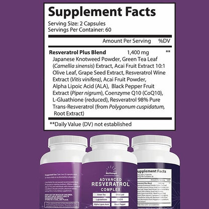 Advanced Resveratrol Complex – 1400mg Antioxidant Supplement with CoQ10, L-Glutathione, Alpha Lipoic Acid, Green Tea, Olive Leaf, and Black Pepper – 120 Vegan Capsules – Non-GMO, Made in USA
