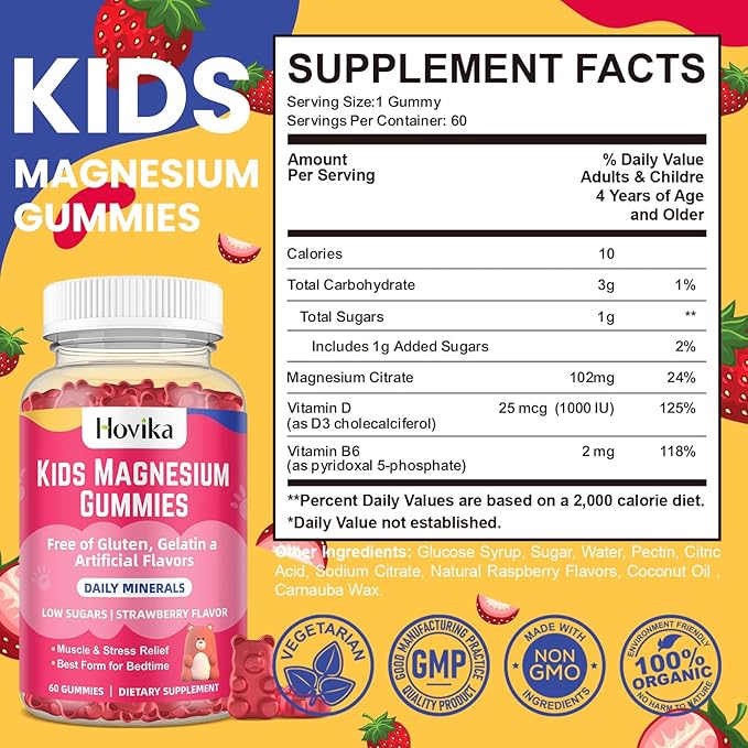Magnesium Citrate Gummies for Kids - Great Tasting Kids Magnesium Calm Supplement Support Nerve & Bone Health, Strong Muscle for Kids Wellness, Vegan Strawberry Flavor Low-Sugar, 2 Pack-60 Count
