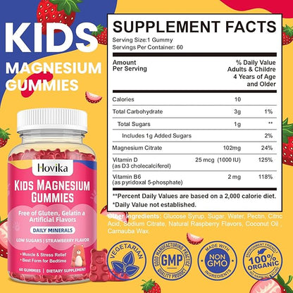 Magnesium Gummies for Kids - Magnesium Citrate + Vitamin B6 & D3 - Great Tasting Kids Magnesium Calm Gummies for Nerve Bone and Muscle Health for Kids Wellness, Vegan Strawberry Flavor 60 Count