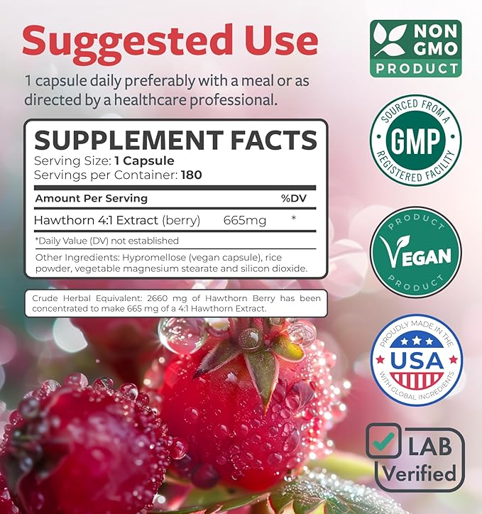 Super Potent Hawthorn Berry Extract Capsules - Hawthorn Berry Supplement Made from Extra Strength Concentrate to Support Heart and Digestive Health - Vegan Non-GMO & Gluten Free (6 Month Supply)