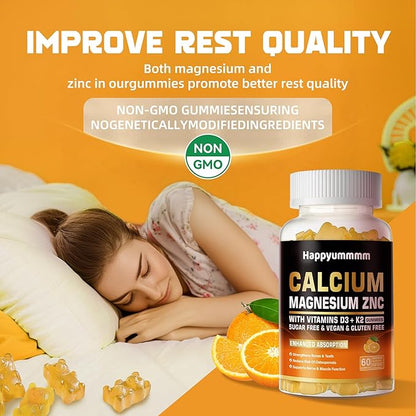 Calcium Magnesium Zinc Gummies with Vitamin D3 & K2 - High Potency Enhanced Absorption -60 Orange Gummies Flavored.