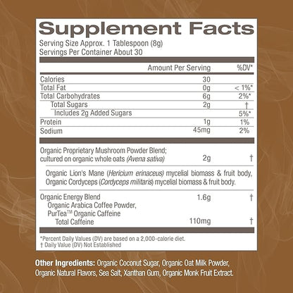 OM MUSHROOM SUPERFOOD Coffee Latte Blend Mushroom Powder, 8.47 Ounce Canister, 30 Servings, Lion's Mane, Cordyceps, Reishi, Chaga, Energy & Mental Clarity Support Supplement