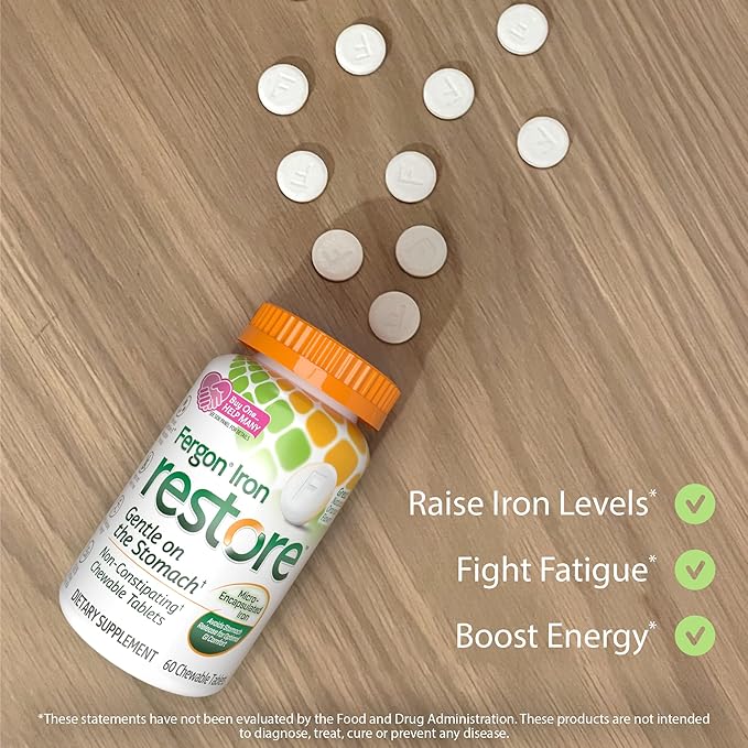 Fergon Iron Restore Chewable Tablets - Gentle on Stomach, Non-Constipating - 27mg Iron for Energy Support – 60 Tablets