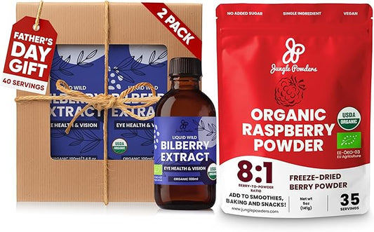 Father's Day Gift for Grandpa - USDA Organic Wild Bilberry Extract Bundle 2x3.4oz Liquid Extract + Organic Raspberry Powder 5oz - Wellness Gift for Eyes & Superfood Extract