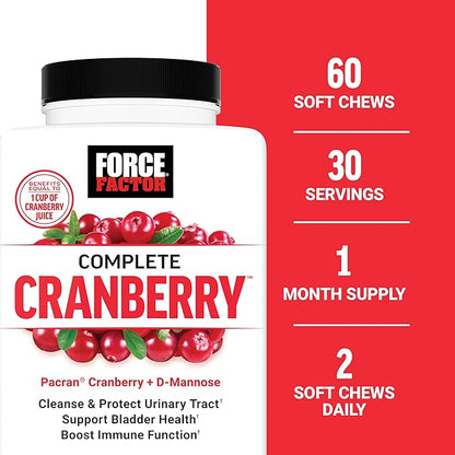 FORCE FACTOR Cranberry Soft Chews, Cranberry Supplement with D Mannose and Cranberry Extract to Support Bladder and Urinary Tract Health for Women, Vegan, Sweet Cranberry Flavor, 60 Soft Chews