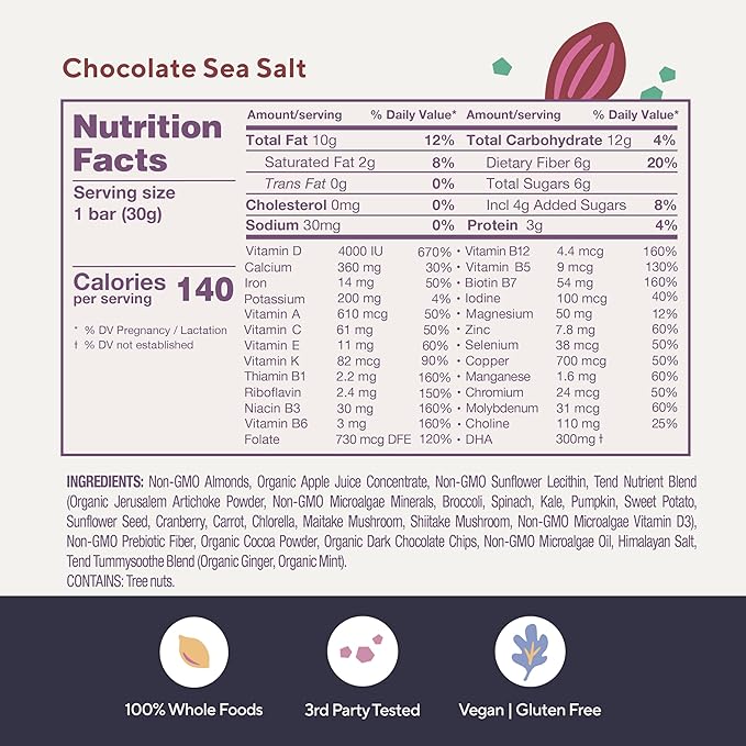 Tend Daily Best Prenatal Vitamin Bar, Chocolate Sea Salt Flavor (4ct). Prenatals with Organic Ingredients for Pregnant & Postpartum Mothers, Includes DHA, Vitamin D, B, Choline, Folate, Sunflower Lecithin