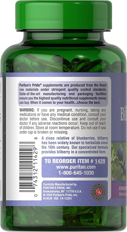 Puritan's Pride Premium Bilberry Fruit Extract 250 mg (1000mg Equivalent), 4:1 Concentrated Traditional Herbal Supplement, Vitamin C, 3 to 6 Month Supply, 180 Rapid Release Softgels 2-Pack