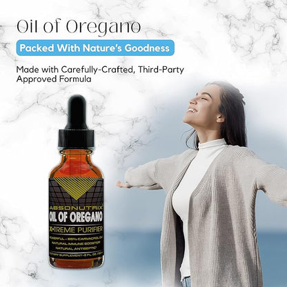 Absonutrix Oil of Oregano 43 mg, 540 Servings, 2 Oz Bottle, High Bioavailability, 85% Carvacrol Oil, Quick Absorption, Potent Ingredients, Cruelty-Free, Third-Party Tested, Non-GMO, Made in USA