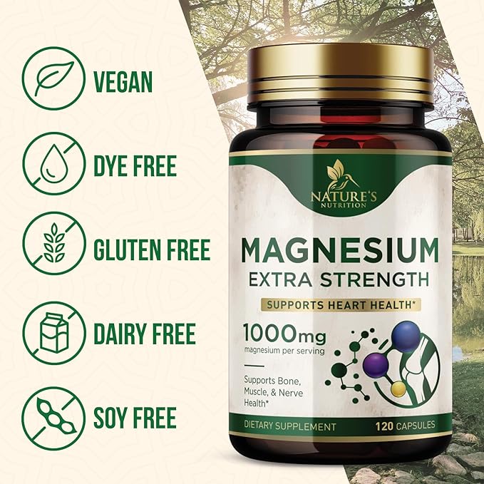 Magnesium Supplement (Citrate Oxide) 1000mg for Best Absorption, Supports Bone, Heart Health, Nerves, Muscles & Metabolism, Nature's Pure Magnesio Vitamin Pills, Bottled in USA, 120 Capsules