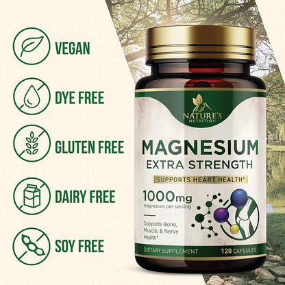 Magnesium Supplement (Citrate Oxide) 1000mg for Best Absorption, Supports Bone, Heart Health, Nerves, Muscles & Metabolism, Nature's Pure Magnesio Vitamin Pills, Bottled in USA, 120 Capsules