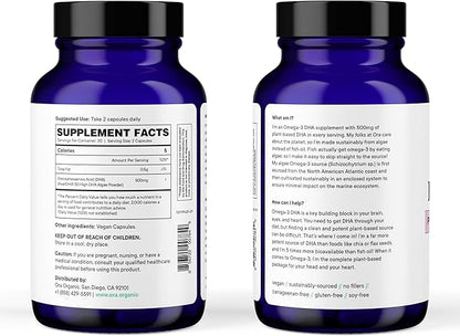 Ora Organic Vegan Omega 3 Supplement - 500mg DHA for Brain, Eye, and Heart Health - Made from Sustainable Algae - 60 Capsules