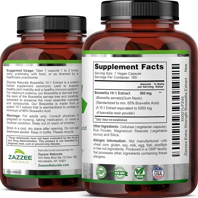 Zazzee Extra Strength Boswellia Serrata 10:1 Extract, 5000 mg Strength, 65% Boswellic Acid, 180 Vegan Capsules, 6 Month Supply, Standardized 10X High Potency, 100% Vegetarian, All-Natural, Non-GMO