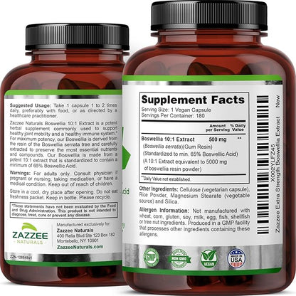 Zazzee Extra Strength Boswellia Serrata 10:1 Extract, 5000 mg Strength, 65% Boswellic Acid, 180 Vegan Capsules, 6 Month Supply, Standardized 10X High Potency, 100% Vegetarian, All-Natural, Non-GMO