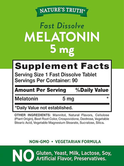 Nature's Truth Melatonin 5 mg | 180 Fast Dissolve Tablets (2 X 90 Twin Pack) | Natural Berry Flavor | Vegetarian, Non-GMO, Gluten Free Supplement