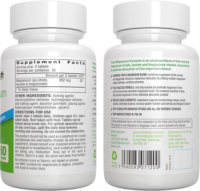 Igennus Advanced Triple Magnesium Complex, Fully Reacted & Chelated Glycinate, Taurate & Citrate, Clean Label, High Bioavailability & Absorption, 60 Tablets, Vegan, Non-Buffered