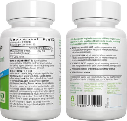 Igennus Advanced Triple Magnesium Complex, Fully Reacted & Chelated Glycinate, Taurate & Citrate, Clean Label, High Bioavailability & Absorption, 60 Tablets, Vegan, Non-Buffered