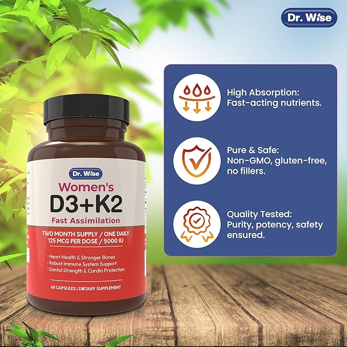 Dr. Wise Vitamin D3 5000 IU + K2 MK-7 - Women’s Supplement for Bone Strength, Heart Health, Immune Support & Radiant Skin - 60 Capsules - High Absorption - 2 Month Supply