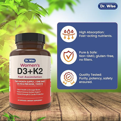 Dr. Wise Vitamin D3 5000 IU + K2 MK-7 - Women’s Supplement for Bone Strength, Heart Health, Immune Support & Radiant Skin - 60 Capsules - High Absorption - 2 Month Supply