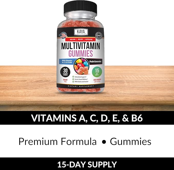Kaya Naturals Adult Multi Vitamin Gummy, Biotin, Vitamin A, B-12, C & E, Including Zinc, Folic Acid, Strawberry Flavor - Gluten-Free Multivitamins Sweet Adult Gummies