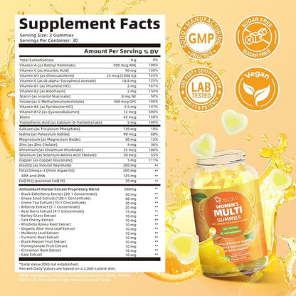 Multivitamin Gummies for Women w/Omega-3, Inositol, Folate, Biotin, Women Multivitamin Gummy w/Vitamins A, C, D3, E, B12 for Heart, Brain, Energy, Immune, Sugar Free, Orange Flavor, 60 Ct