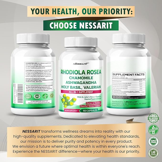 RHODIOLA ROSEA Supplement- 11-in-1 Natural Blend with Chamomile L-Theanine Ashwagandha Holy Basil Valerian Passionflower - 150 Count - Made & Tested in The USA