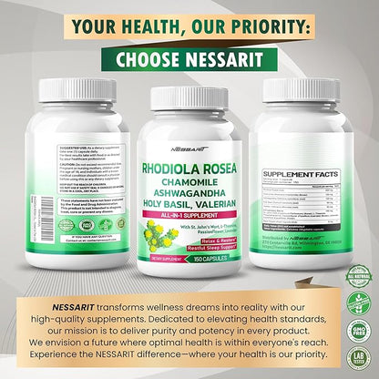 RHODIOLA ROSEA Supplement- 11-in-1 Natural Blend with Chamomile L-Theanine Ashwagandha Holy Basil Valerian Passionflower - 150 Count - Made & Tested in The USA