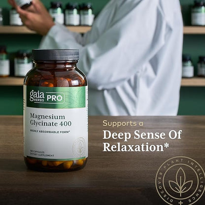 Gaia Herbs PRO Magnesium Glycinate 400mg - Highly Absorbable Supplement Supports Relaxation - Energy Support Supplement with Magnesium Glycinate* - Vegan, Gluten-Free - 180 Capsules (60 Servings)