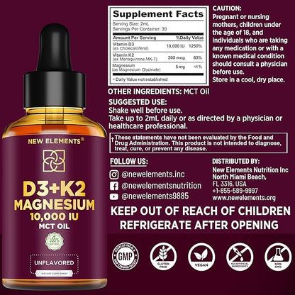 Liquid Vitamin D3 K2 10000IU with Magnesium Glycinate 5mg | VIT D3 K2 Drops for Adults | Mk7 Vitamin K2 100mcg | Vitamin D3 + K2 Supplement for Men & Women | Gluten Free | Non-GMO