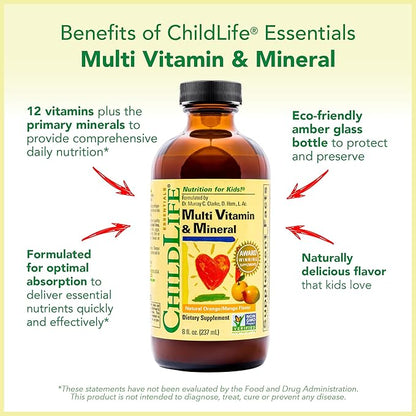 CHILDLIFE ESSENTIALS Kids Multivitamin & Mineral - Kids Vitamins, Liquid Multivitamin for Kids, Toddler Multivitamins, Liquid Vitamins, Baby Multivitamin - Natural Orange & Mango, 8 Fl Oz (Pack of 3)