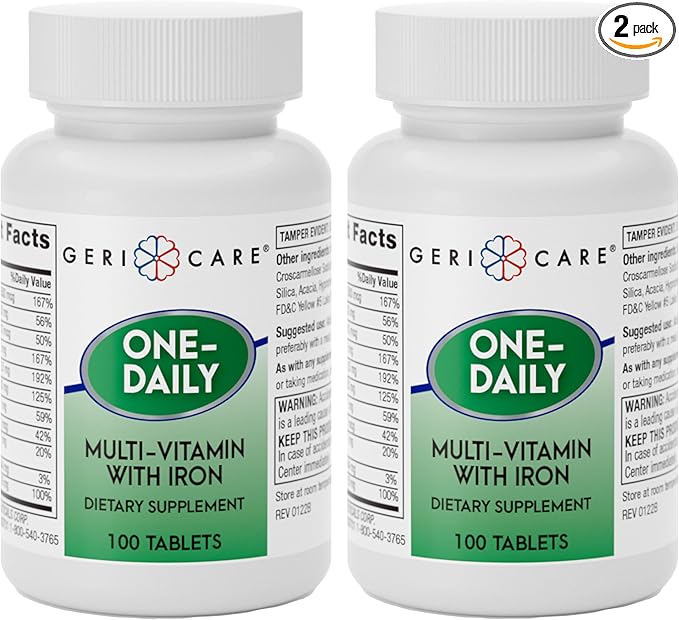 GeriCare One-Daily Multi-Vitamin with Iron, for Every Day Nutritional Supplement Support, 100 Count (Pack of 2)