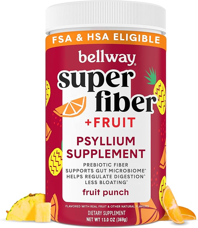 Bellway Super Fiber Powder + Fruit, Sugar Free Organic Psyllium Husk Powder Fiber Supplement for Regularity, Bloating Relief & Gut Health, Non-GMO, Plant-Based, Fruit Punch (50 Servings)