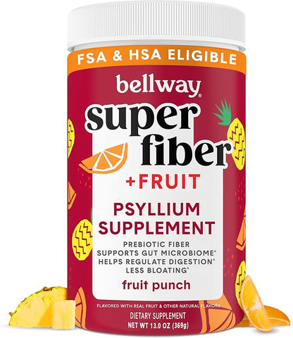 Bellway Super Fiber Powder + Fruit, Sugar Free Organic Psyllium Husk Powder Fiber Supplement for Regularity, Bloating Relief & Gut Health, Non-GMO, Plant-Based, Fruit Punch (50 Servings)