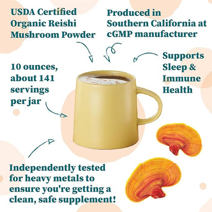 Nature Restore USDA Certified Organic Reishi Mushroom Powder, 10 Ounces, Non GMO, Gluten Free, Packaged in California, Ganoderma Lucidum/Lingzhi