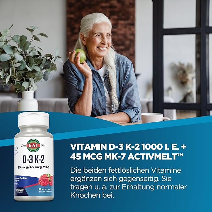 Kal 1000 Iu D-3 & K2 Tablets, Raspberry, 60 Count (Pack of 1)