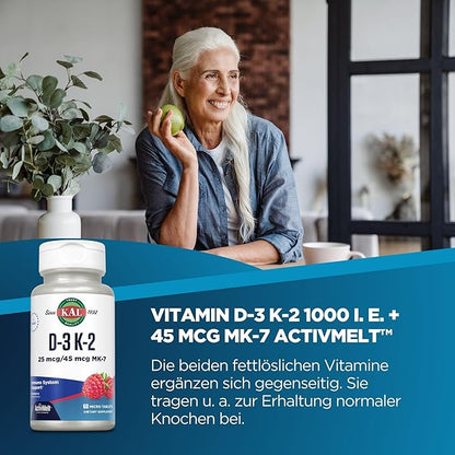 Kal 1000 Iu D-3 & K2 Tablets, Raspberry, 60 Count (Pack of 1)