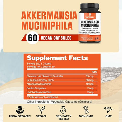 5in1 Akkermansia Probiotic Capsules for Increases GLP-1 - Contains Inulin, Bacillus Coagulans, Lactobacillus Acidophilus and Chromium - 60 Capsules for 60 Days