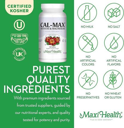 Maxi Health Calcium Magnesium Supplement with Vitamin D3 and Boron - Kosher Bone Health & Nighttime Formula, Calcium Citrate CalMag & Vitamin D (180 Tablets)