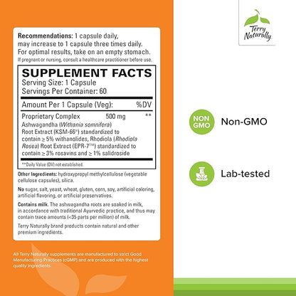Terry Naturally Adaptra - Supplement to Support Adrenal Health - Ashwagandha Supplement with Rhodiola Rosea Extract - Herbal Supplement to Support Energy & Concentration - 60 Capsules (Pack of 2)