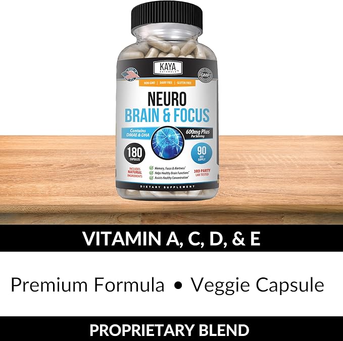 Kaya Naturals - Neuro Brain for Memory & Focus - Nootropic Energy Capsule - Nootropic Brain Support Supplement - Focus & Concentration & Learning Accuracy - Cognitive Function - 180 Count