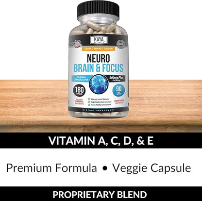 Kaya Naturals - Neuro Brain for Memory & Focus - Nootropic Energy Capsule - Nootropic Brain Support Supplement - Focus & Concentration & Learning Accuracy - Cognitive Function - 180 Count