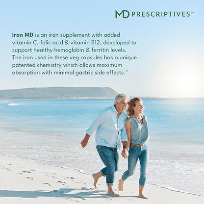 Iron MD Capsules - Daily Iron Supplement for Women & Men with Vitamin C, Vitamin B12 & Folic Acid - Optimal Absorption Formula - 60 Veg Capsules