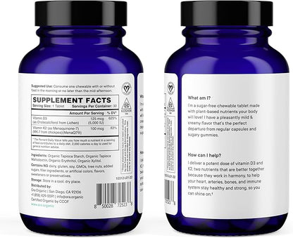 Ora Organic Vitamin D3 5000IU + K2 - Vegan Vitamin D from Lichen and K2 from Chickpeas for Bone Health, Immune Support, & Mood, Maximum Absorption - 1 Month Supply, 30 Chewable Tablets