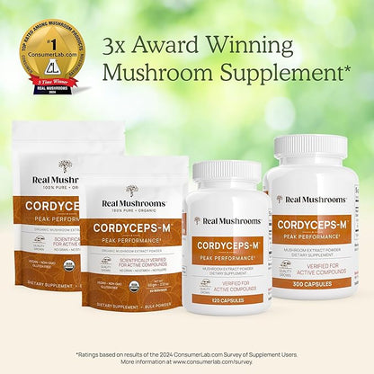 Real Mushrooms Cordyceps Capsules - Performance Mushroom Extract Supplement with Organic Militaris for Energy Immune Support Vegan Supplement, Non-GMO, 300 Caps